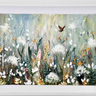 An original floral painting featuring a corncrake bird in flight. This bird is now on the increase again